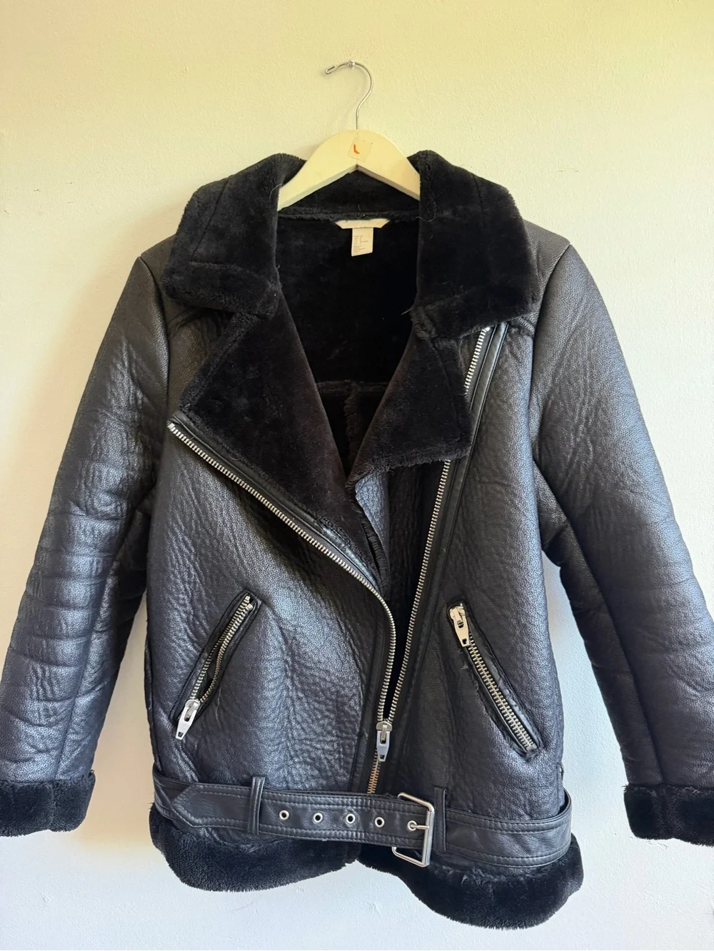 Womens Black Faux-Shearling Biker Jacket size 8